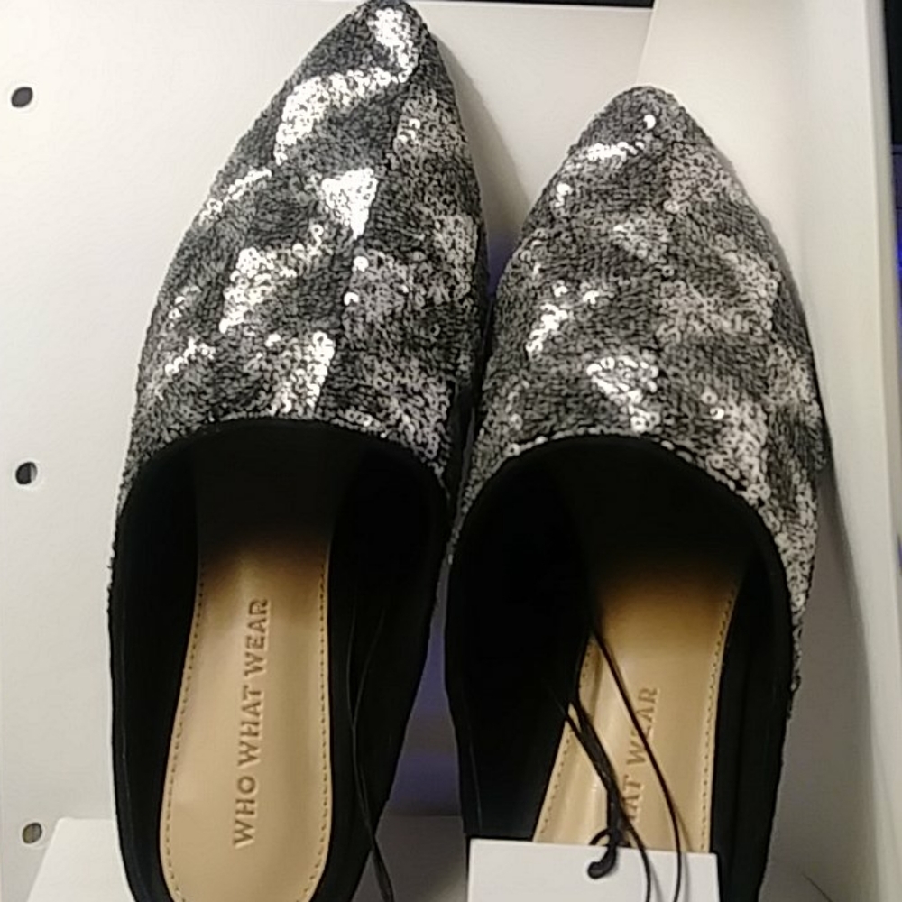 Sequined Mules 1/4" heel, Pewter-grey NIB comes in sizes 6 to 9.